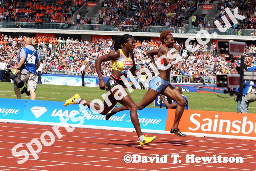 Christine Ohuruogu (GB) beats Amantle Montsho (Bot) in the 400 metres at the IAAF Diamond League, Birmingham.